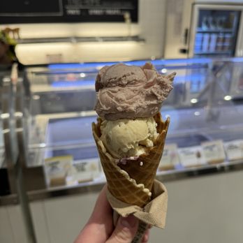 Jeni's Splendid Ice Creams - Buttercrisp Waffle Cone Top scoop: Strawberry Milk Middle scoop: Fluffernutter Pie Bottom scoop: Lemon & Blueberries - Ice Cream & Frozen Yogurt Near Me - Calabasas, California