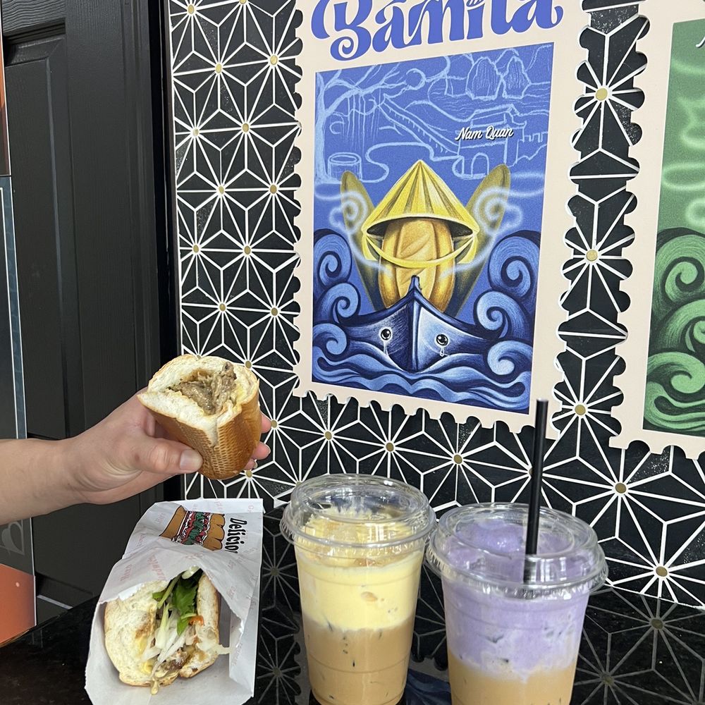 Bamita - Thit nuong banh mi or grilled pork with egg cream and taro cream iced coffee - Vietnamese Near Me - Orlando, Florida