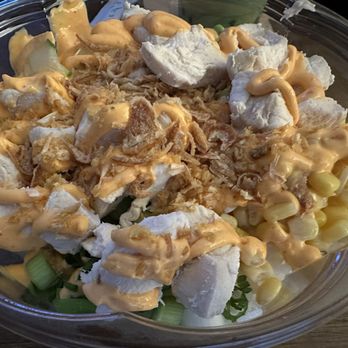 The Pink Fin - Our bowl. The toppings were tasty, but that chicken...not so much. Too dry. - Poke Near Me - Ronkonkoma, New York The Pink Fin - Our bowl. The toppings were tasty, but that chicken...not so much. Too dry. - Poke Near Me - Ronkonkoma, New York