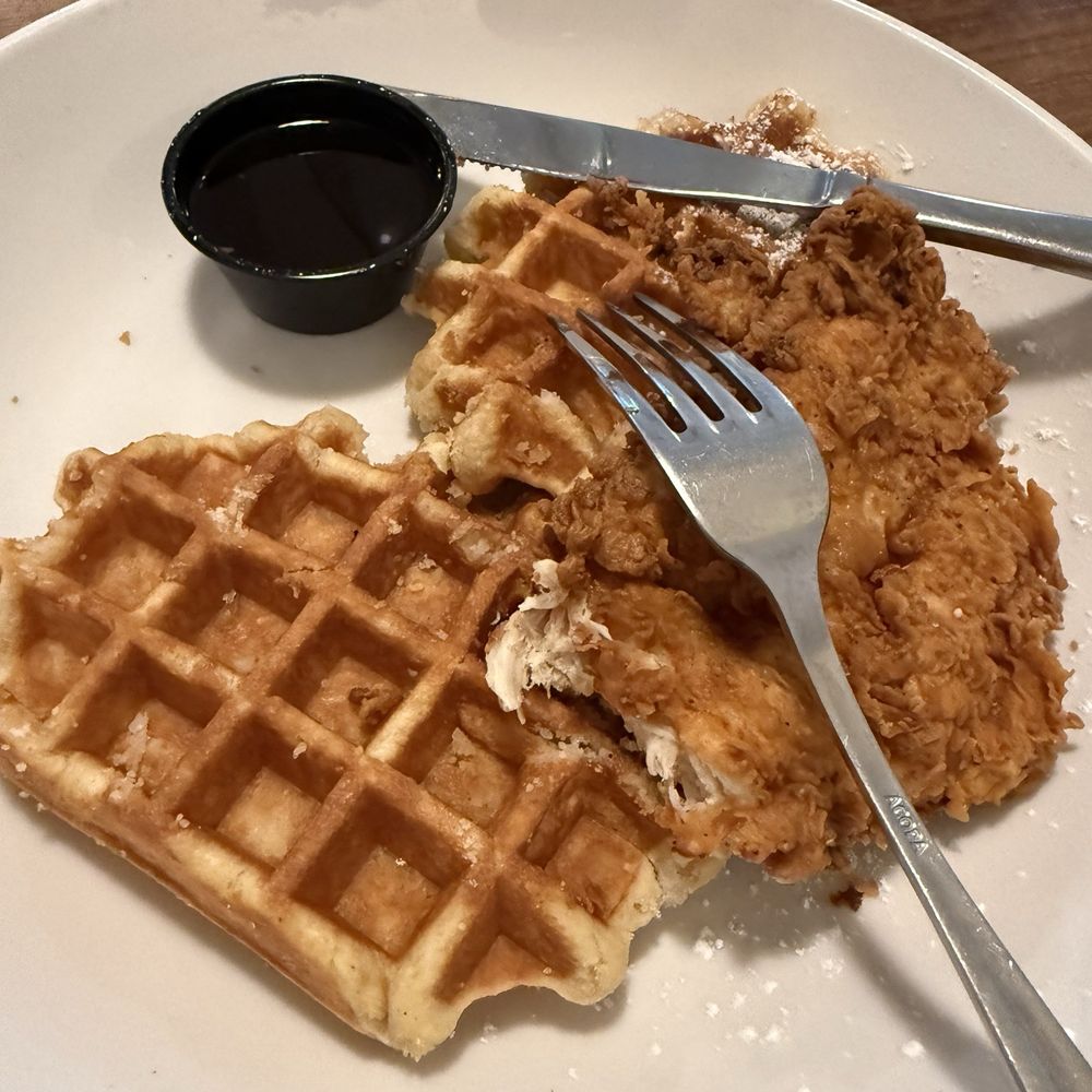 Chicken and waffles with Siracha syrup Chicken and waffles with Siracha syrup