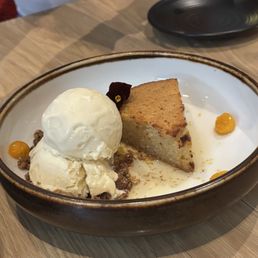 Almond torte with yuzu ice cream and candied pecans Almond torte with yuzu ice cream and candied pecans