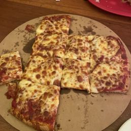 a pizza cut into eight pieces