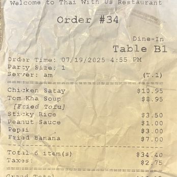 Thai With Us - Bill and items I ordered - Thai Near Me - Augusta, Maine