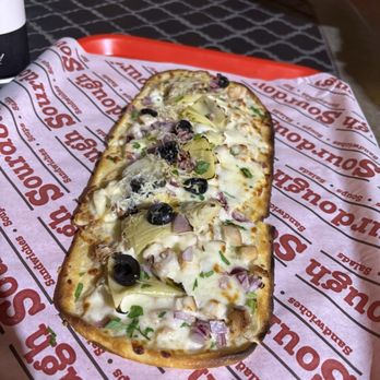Sourdough & Co - Artichokes chicken flatbread pizza - Salad Near Me - Huntington Beach, California Sourdough & Co - Artichokes chicken flatbread pizza - Salad Near Me - Huntington Beach, California