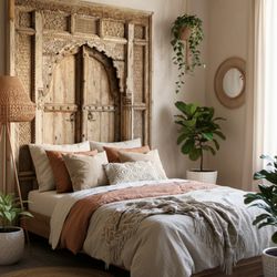 De-cor - A magnificent antique Indian carved door creates a focal point for your luxurious Boho inspired Bedroom.