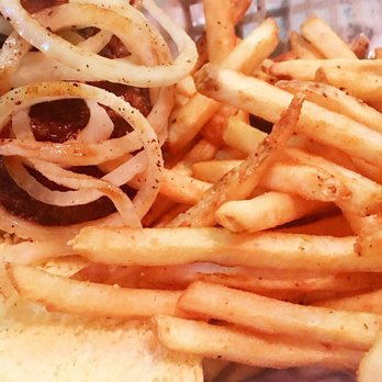 Pete's Garage Bar - Burger with fried onions and garlic fries - Bars Near Me - Oshkosh, Wisconsin Pete's Garage Bar - Burger with fried onions and garlic fries - Bars Near Me - Oshkosh, Wisconsin