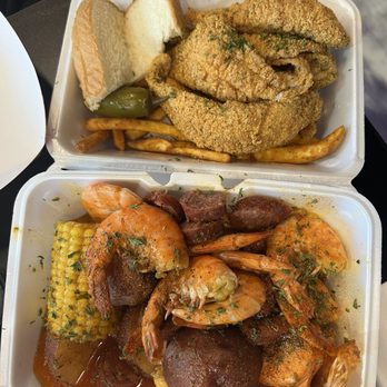 Mr Cajun's - Top: Fried Catfish Filet(2) with fries and Butter Bread Bottom: 1 LB Cajun Shrimp Boil with potatoes, corn and sausage - Cajun/Creole Near Me - Dallas, Texas
