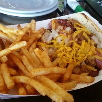 Rickety Cricket Brewing - Chili cheese dog and fries, looks really good. Smells amazing! - Pizza Near Me - Kingman, Arizona