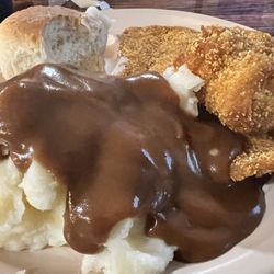 Hickory House - Fried Catfish off the buffet and mashed potatoes and brown gravy.