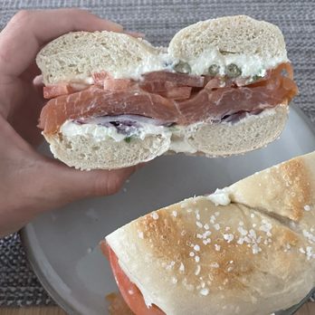 The Bagel Shop - Upper East Sider Sandwich - lox sandwich with salt bagel, scallion cream cheese, capers, onion - Bagels Near Me - New York, New York The Bagel Shop - Upper East Sider Sandwich - lox sandwich with salt bagel, scallion cream cheese, capers, onion - Bagels Near Me - New York, New York