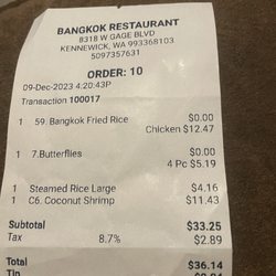 Bangkok Restaurant - Bill