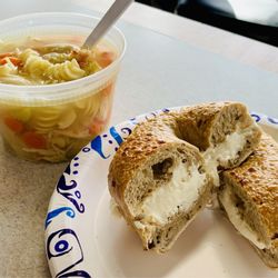 Broadway Giant Bagels - Chicken noodle soup and a cinnamon raisin bagel toasted with cream cheese