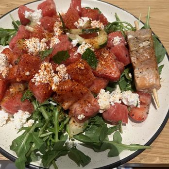 Dish Society - Watermelon Salad and skewer of shrimp ($7 additional) - Southern Near Me - Austin, Texas