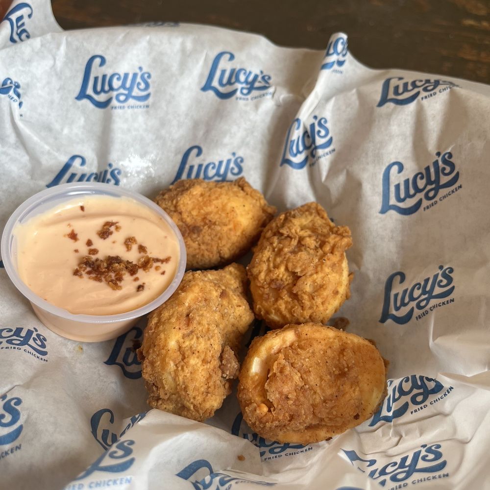 Lucy's Fried Chicken - Deep Fried Deviled Eggs AMAZING - New American Near Me - Austin, Texas Lucy's Fried Chicken - Deep Fried Deviled Eggs AMAZING - New American Near Me - Austin, Texas