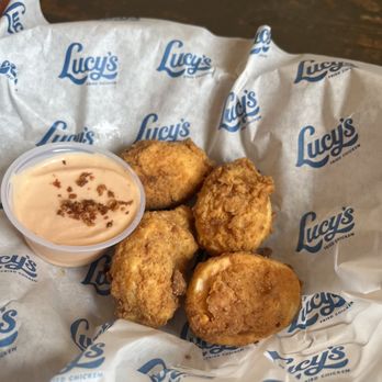 Lucy's Fried Chicken - Deep Fried Deviled Eggs AMAZING - New American Near Me - Austin, Texas Lucy's Fried Chicken - Deep Fried Deviled Eggs AMAZING - New American Near Me - Austin, Texas