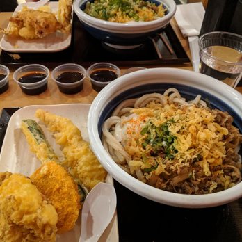 Marugame Udon - Lots of tempura and #9 Nikutama Udon (size large -- $11.90) - Japanese Near Me - Costa Mesa, California