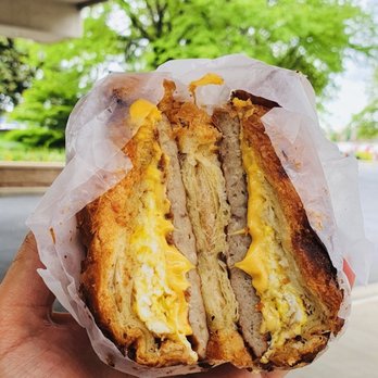 Heaven's Hot Bagel - Sausage egg and cheese on a croissant - Bagels Near Me - New York, New York Heaven's Hot Bagel - Sausage egg and cheese on a croissant - Bagels Near Me - New York, New York