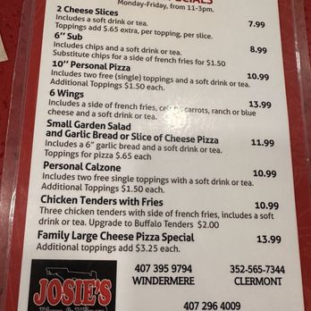 Josie's Pizza & Wings - Other side of the menu - Chicken Wings Near Me - Windermere, Florida