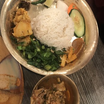 Zomsa - Curry with rice aloo, mustard green, salad and some sauces with a bread. - Himalayan/Nepalese Near Me - El Cerrito, California Zomsa - Curry with rice aloo, mustard green, salad and some sauces with a bread. - Himalayan/Nepalese Near Me - El Cerrito, California