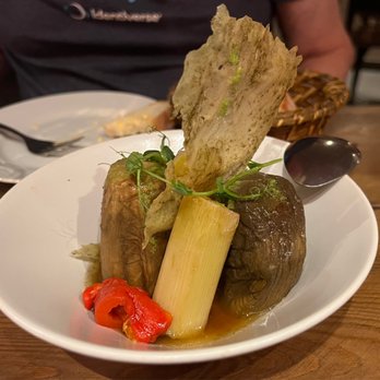 Sensi Bistro - Grilled eggplant, red peppers, and leeks with taro crisp and Sherry vinaigrette - Tapas/Small Plates Near Me - Barcelona, B Sensi Bistro - Grilled eggplant, red peppers, and leeks with taro crisp and Sherry vinaigrette - Tapas/Small Plates Near Me - Barcelona, B
