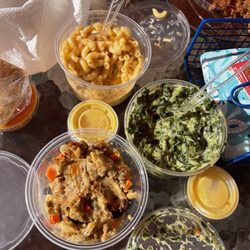 Daddio's Grille - This was our choice of side orders with bucket of DELICIOUS chicken! creamed spinach, Stuffing & Mac & cheese
