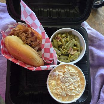 Burning Boar BBQ - Pulled pork sandwich, green beans with bacon (yummy), & potato salad. - Barbeque Near Me - Dundee, Oregon
