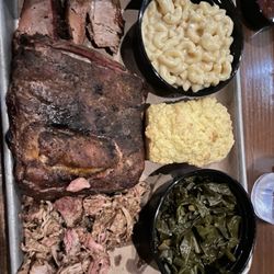 3 protein Sampler with Mac and Cheese and collard greens
