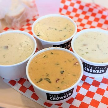 Pike Place Chowder - New England clam chowder, seafood bisque clam chowder, lobster and corn clam chowder and Seared scallop clam chowder - Seafood Near Me - Seattle, Washington Pike Place Chowder - New England clam chowder, seafood bisque clam chowder, lobster and corn clam chowder and Seared scallop clam chowder - Seafood Near Me - Seattle, Washington
