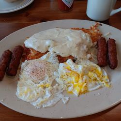Country Cafe - Link sausage, hashbrowns, and 2 eggs over easy.