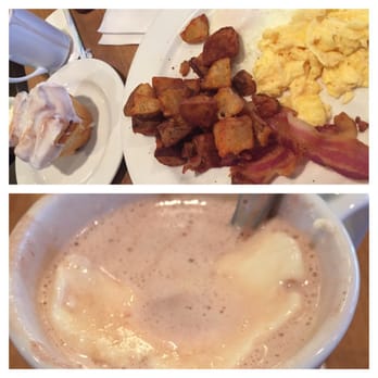 Megg's Cafe - (Three)Dom with cinnamon roll and bacon. Hot chocolate with whipped cream. - Bakeries Near Me - Temple, Texas