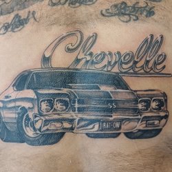 Healink Factor Tattoos - Black and white Chevelle back piece