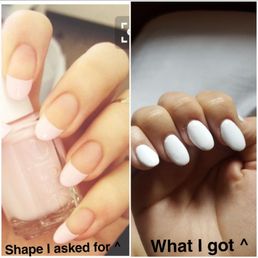I asked Jenny to do this oval/almond shape(left side french tip) and she did this weird shape instead(right side) I asked Jenny to do this oval/almond shape(left side french tip) and she did this weird shape instead(right side)