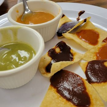 Oaxaca De Mis Amores - They have 7 kinds of mole.  We asked for samples.  The 2 in bowls are savory, the others, sweet.  Delicious! - Mexican Near Me - Riverside, California