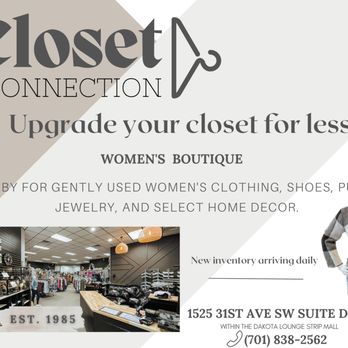 Closet Connection - Women boutique - gently used clothing, shoes, purses, and jewelry. 
Now open in our beautiful new location. Est 1985 - Women's Clothing Near Me - Minot, North Dakota