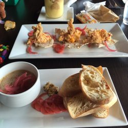 Birchwood Hall Southern Kitchen - Front to back: chicken pate, pimento cheese with crispy chicken skin and Nanner pudding. Not pictured: ham & biscuits