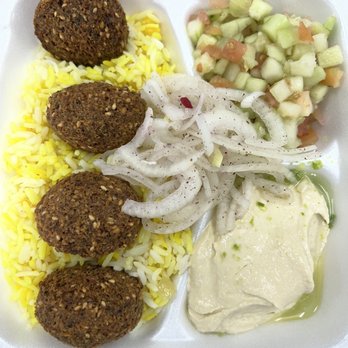Falafel Cafe - Falafel Plate on rice with hummus and chopped salad. - Falafel Near Me - Birmingham, Alabama