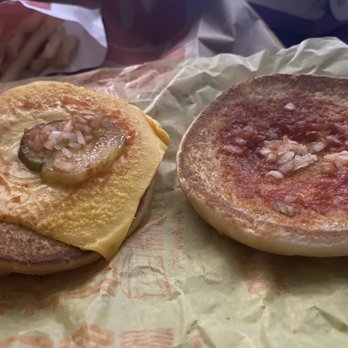McDonald's - Order a cheeseburger, received everything but the burger. 1 star. - Burgers Near Me - San Leandro, California