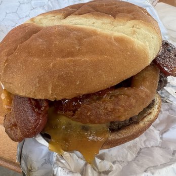 Olsen Run Winery - BBQ burger. Thick bacon, onion ring, cheese...the best! - Burgers Near Me - Harrisburg, Oregon Olsen Run Winery - BBQ burger. Thick bacon, onion ring, cheese...the best! - Burgers Near Me - Harrisburg, Oregon