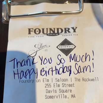 Foundry on Elm - a receipt with a handwritten thank you so much - Bars Near Me - Somerville, Massachusetts