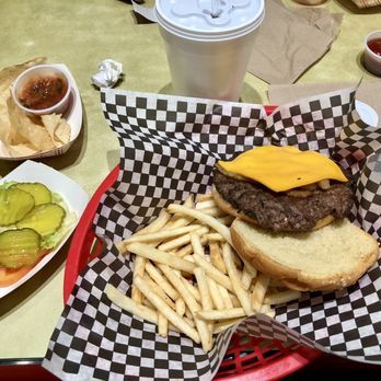 The Grill on San Mateo - 6 oz. Mama Burger w/ grilled onions, cheese, French Fries & Fountain Drink - Steakhouses Near Me - Albuquerque, New Mexico