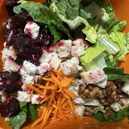 Chicken, beets, feta, candied pecans, raspberry vinaigrette, etc . Delicious