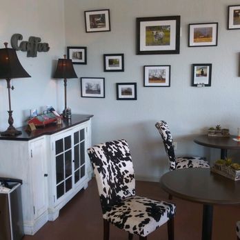 Mugshots Coffee Bar - cow print chairs and table - Coffee & Tea Near Me - Santa Fe, Texas
