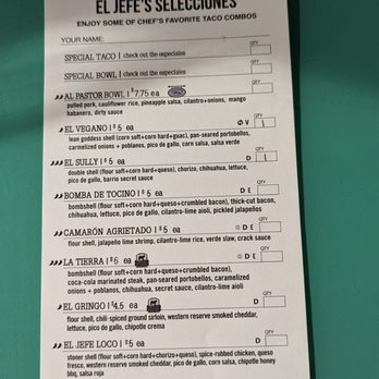 Barrio Tacos - El Jefe's Selecciones menu - you write your name and check the boxes for your order - Tacos Near Me - Grand Rapids, Michigan Barrio Tacos - El Jefe's Selecciones menu - you write your name and check the boxes for your order - Tacos Near Me - Grand Rapids, Michigan