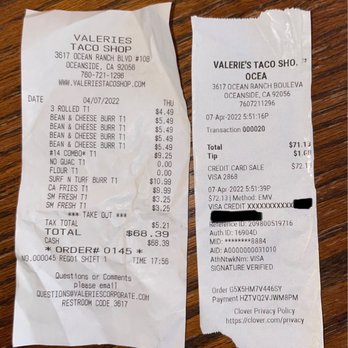 Valerie's Taco Stand - the receipt for the restaurant - Mexican Near Me - Oceanside, California Valerie's Taco Stand - the receipt for the restaurant - Mexican Near Me - Oceanside, California