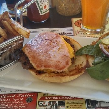 Beaverbank Station - Station Burger, which comes topped with peameal bacon - Bars Near Me - Beaver Bank, Nova Scotia Beaverbank Station - Station Burger, which comes topped with peameal bacon - Bars Near Me - Beaver Bank, Nova Scotia