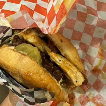 Stewart&Grub - Chicken and beef burger. So much flavor in this burger. Mango habanero sauce. - Chicken Wings Near Me - Downey, California