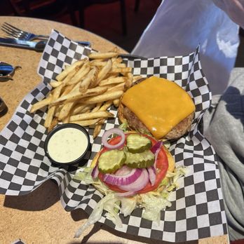 Smoky Mountain Brewery - Chicken Cheddar Burger with French Fries - Sports Bars Near Me - Knoxville, Tennessee Smoky Mountain Brewery - Chicken Cheddar Burger with French Fries - Sports Bars Near Me - Knoxville, Tennessee