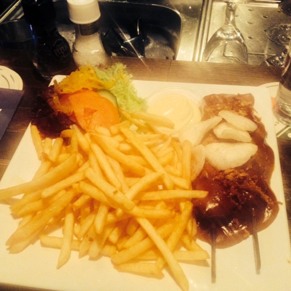 De Blauwe Engel - Its a delicious dish from the menu with chicken ,,on a stick" fries, peanut butter and salad. - Pubs Near Me - Amsterdam, New Hampshire
