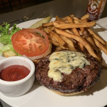 Hilo Bay Cafe - Rare blue cheese burger with fries - New American Near Me - Hilo, Hawaii