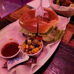 Cigars & Stripes BBQ Lounge - Beef burger with rib tip and bbq sauce